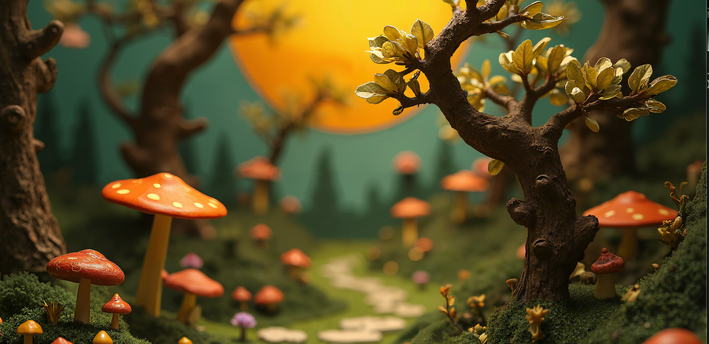 A whimsical forest scene with tall, twisting trees and large orange mushrooms, a winding stone path, lush green moss, and a bright yellow sun glowing in the background.