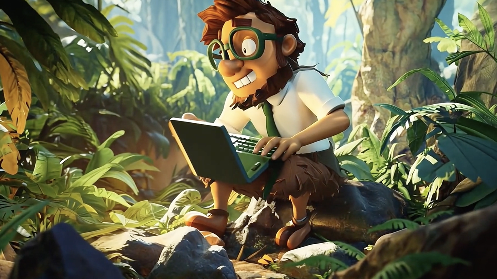 A cartoon man with messy brown hair, glasses, and a green tie sits on a rock in a lush jungle, happily typing on a laptop. Sunlight filters through the leafy trees around him.