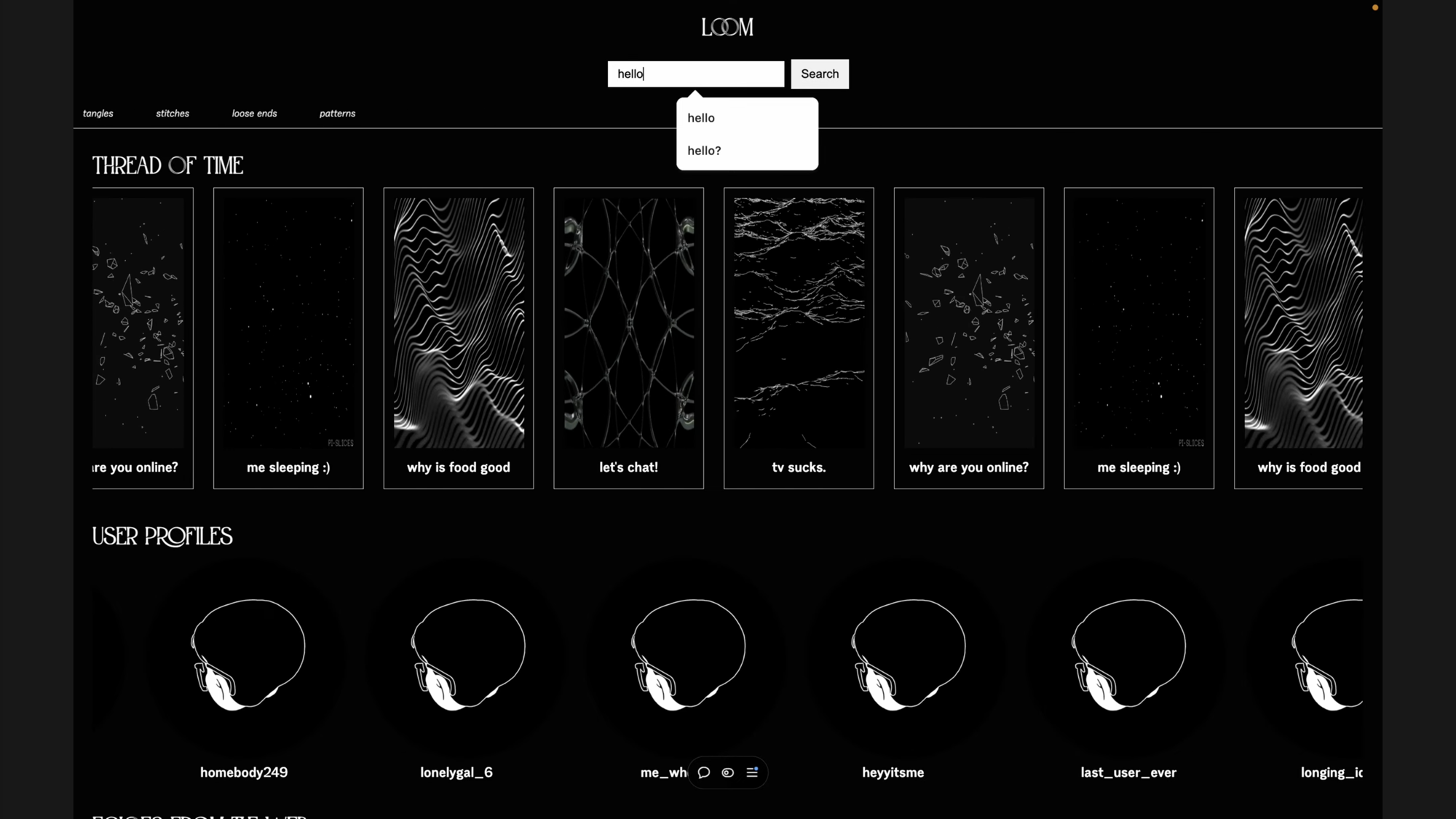 A dark-themed website shows abstract, wavy visual tiles labeled with phrases like are you online? and why is food good, a search bar with hello typed, and circular user profile icons with headphone graphics.