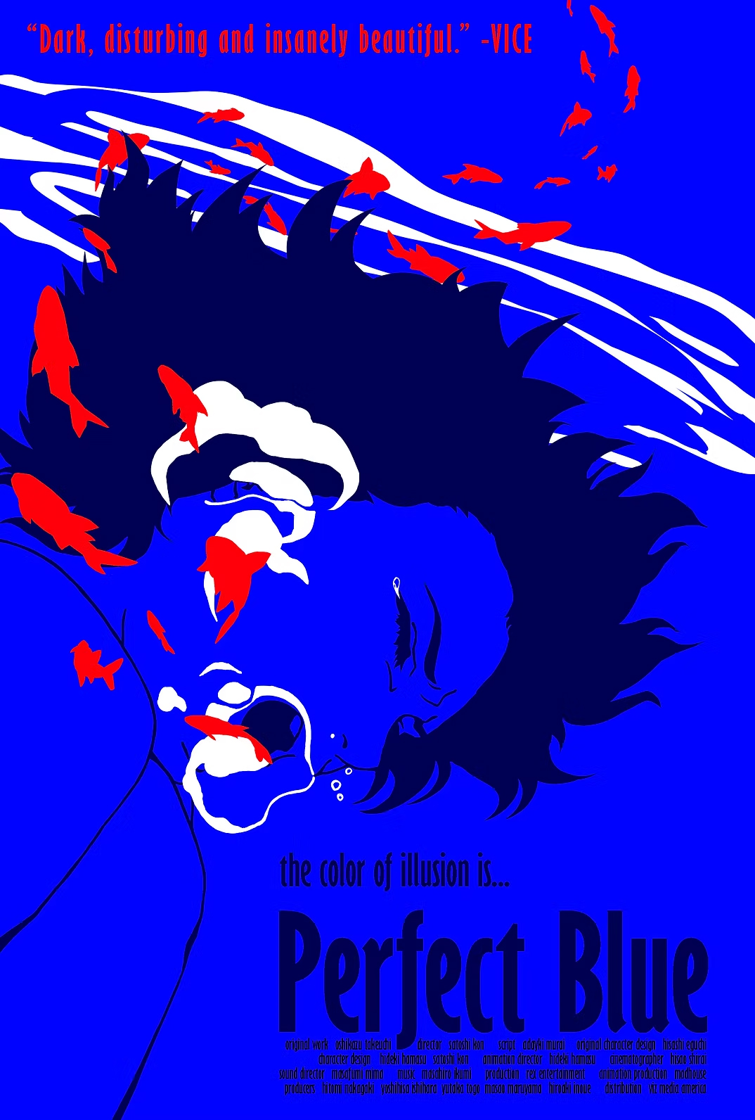 Stylized illustration of a womans face partially underwater, surrounded by red fish, with bold blue and red colors. Text reads: “the color of illusion is... Perfect Blue” and includes a quote and film credits.