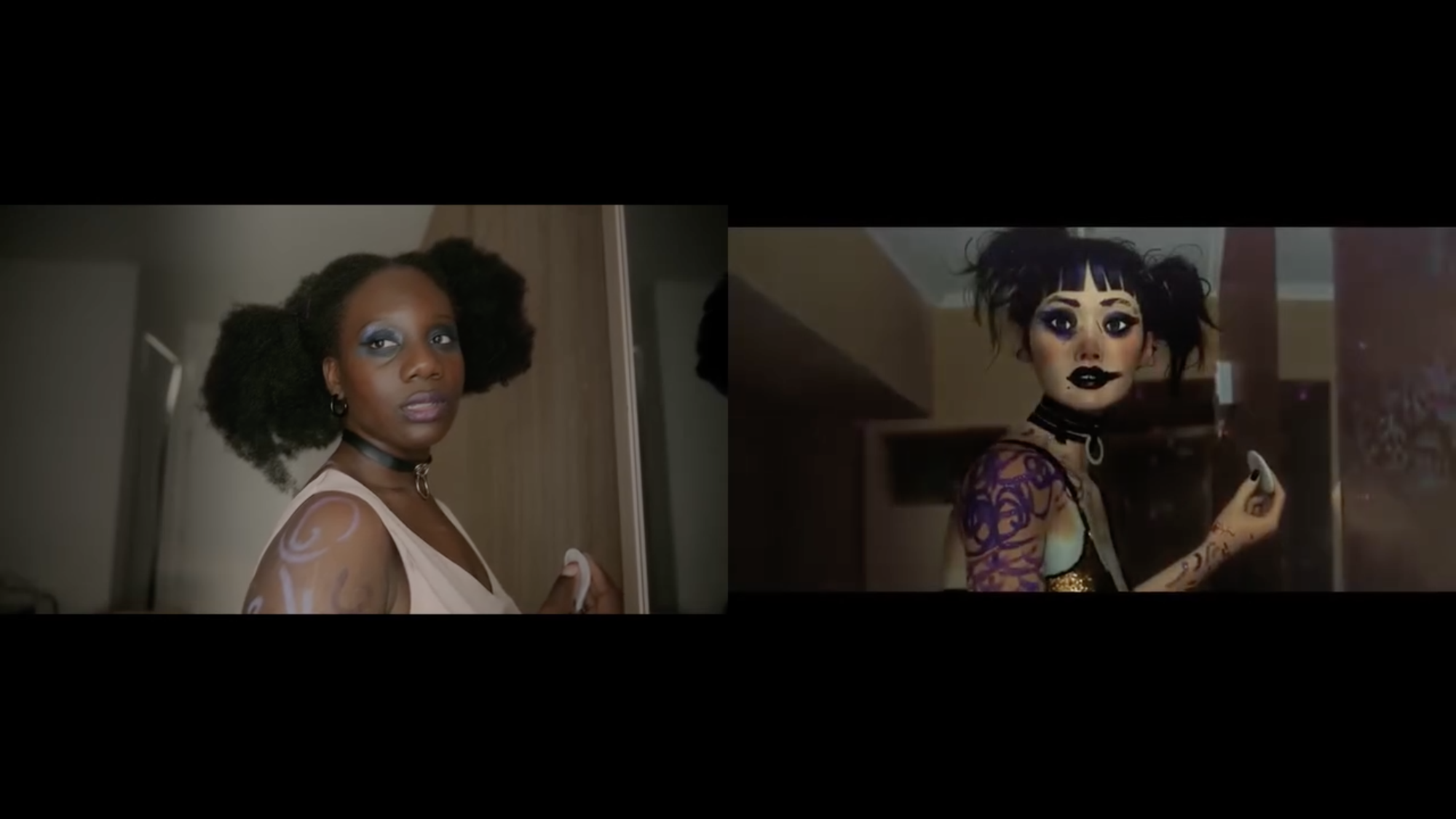A split-screen image shows a woman with pigtails and purple body paint on the left, standing indoors, and an animated character with pigtails, dark lipstick, and similar body paint on the right, mimicking her pose.