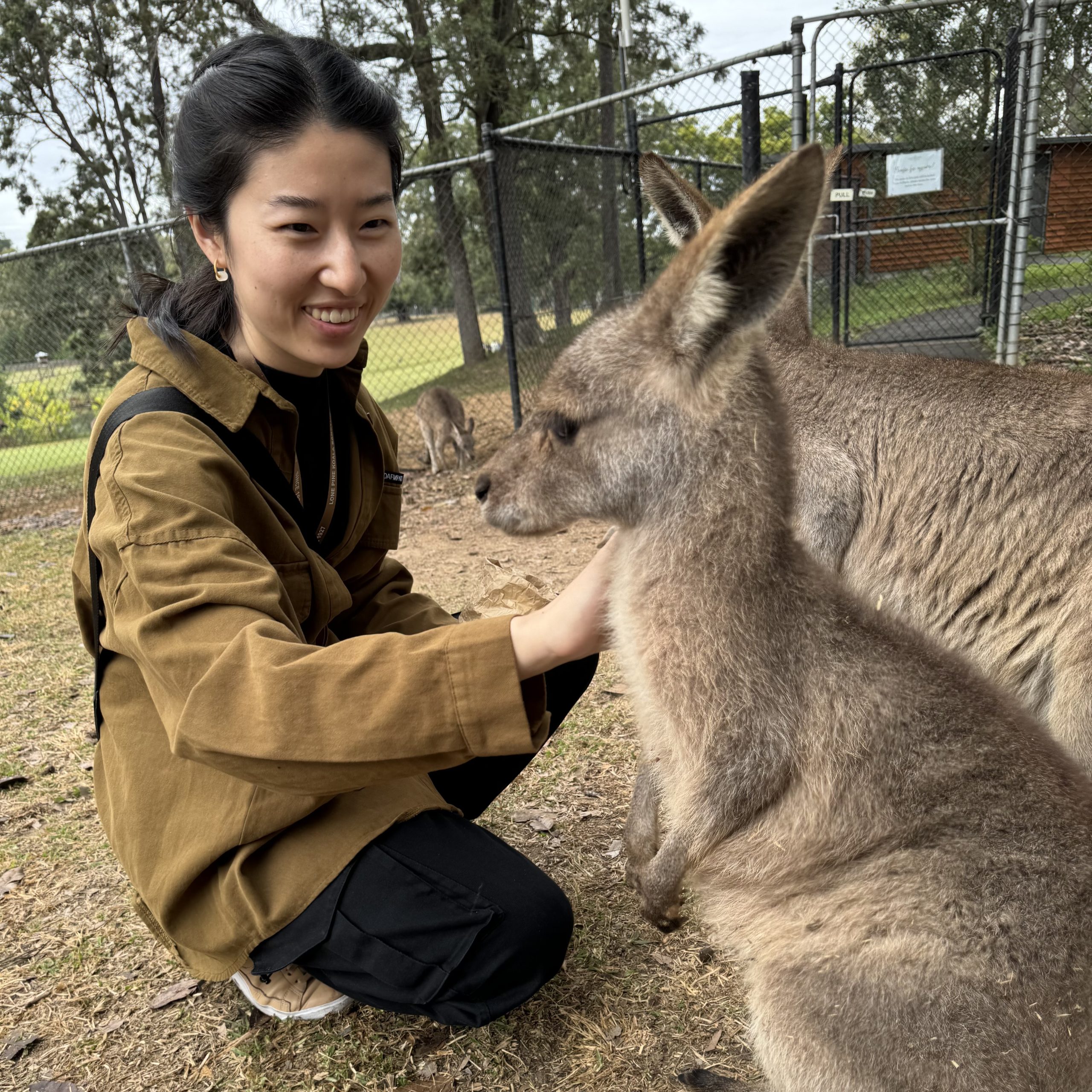 Portait of V.K. Tian, kneeling on the ground, smiling as they gently pet a kangaroo. The scene is outdoors near a fenced area with trees and grass in the background.