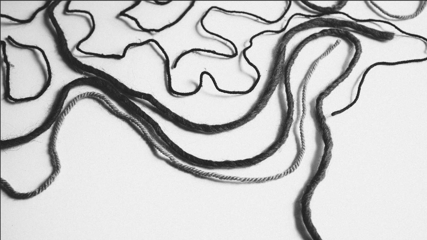 Black and white photo of several dark yarn or string pieces arranged in loose, wavy, and curvy lines on a plain white background. The strands overlap and create abstract patterns.