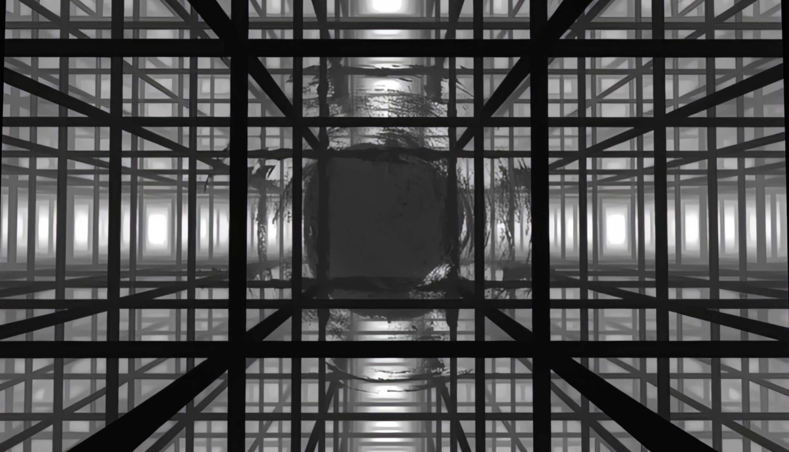 A digital rendering of a geometric grid structure, with intersecting black bars forming cubes. Light shines through in the background, and a distorted reflective surface is centered. The image is monochromatic.