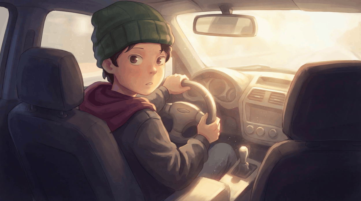Animated boy with a green beanie and red hoodie sits in a car’s driver seat, looking back over his shoulder, holding the steering wheel, with warm light shining through the windshield.