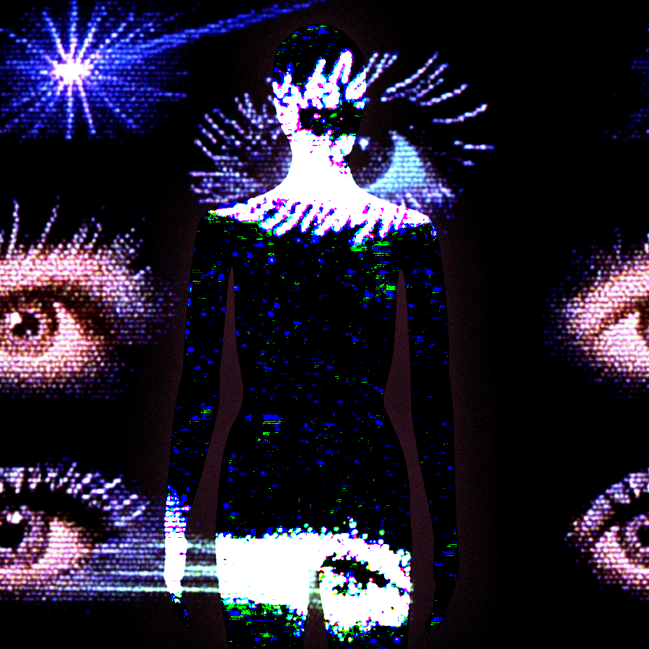 A silhouette of a person stands against a dark background filled with large, digital, pixelated eyes and glitch effects, creating a surreal, futuristic atmosphere.
