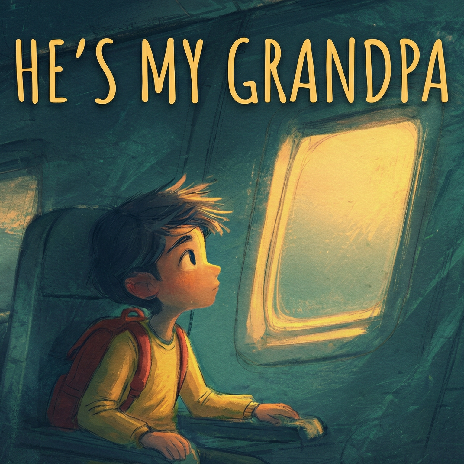Illustration of a young boy with a backpack sitting on an airplane, gazing out the window at the sky. The text above reads “HE’S MY GRANDPA.” Warm light from the window illuminates the boy’s face.
