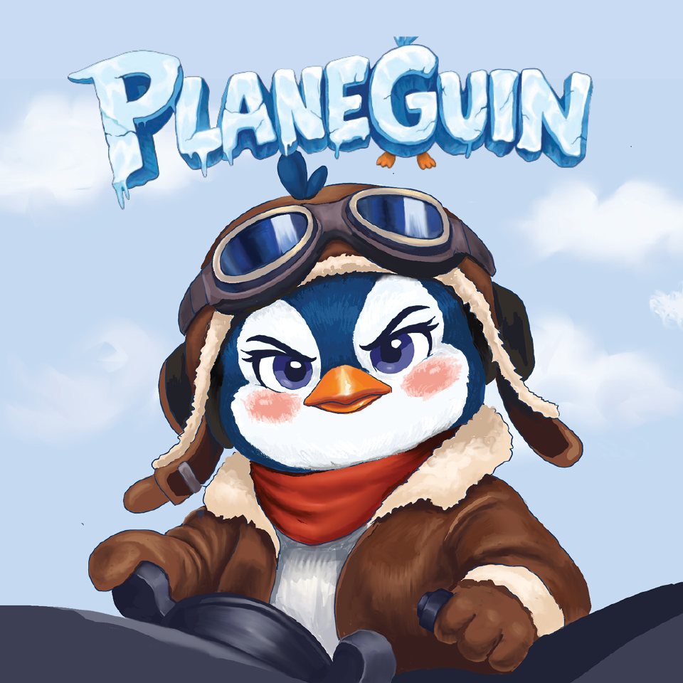 A determined cartoon penguin wearing aviator goggles, a leather flight jacket, and a red scarf sits at the controls of a plane. Above, stylized icy text reads “PLANEGUIN” against a blue sky with clouds.