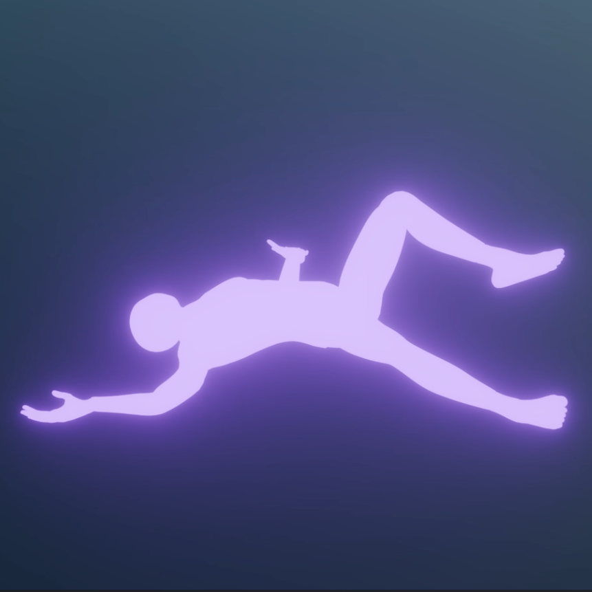 A glowing, purple silhouette of a human figure is floating in midair against a dark, gradient background. The figures limbs are spread out in a relaxed, drifting pose.