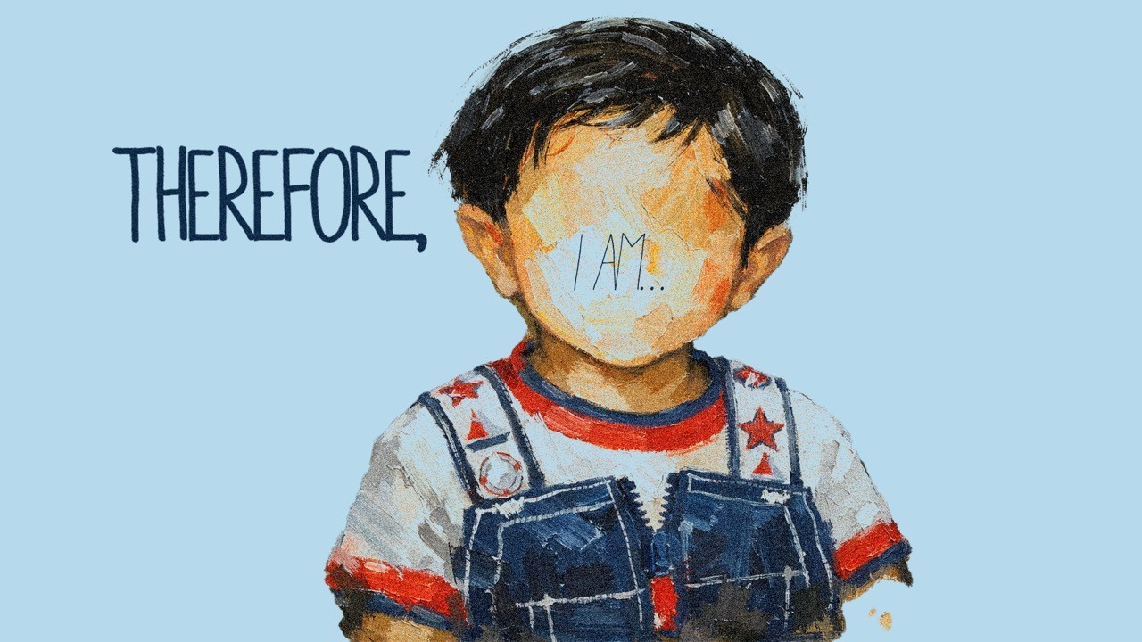 A drawing of a child in denim overalls with a blank face, except for the words I AM... written where the mouth should be. Beside the child, the text reads, THEREFORE, against a light blue background.