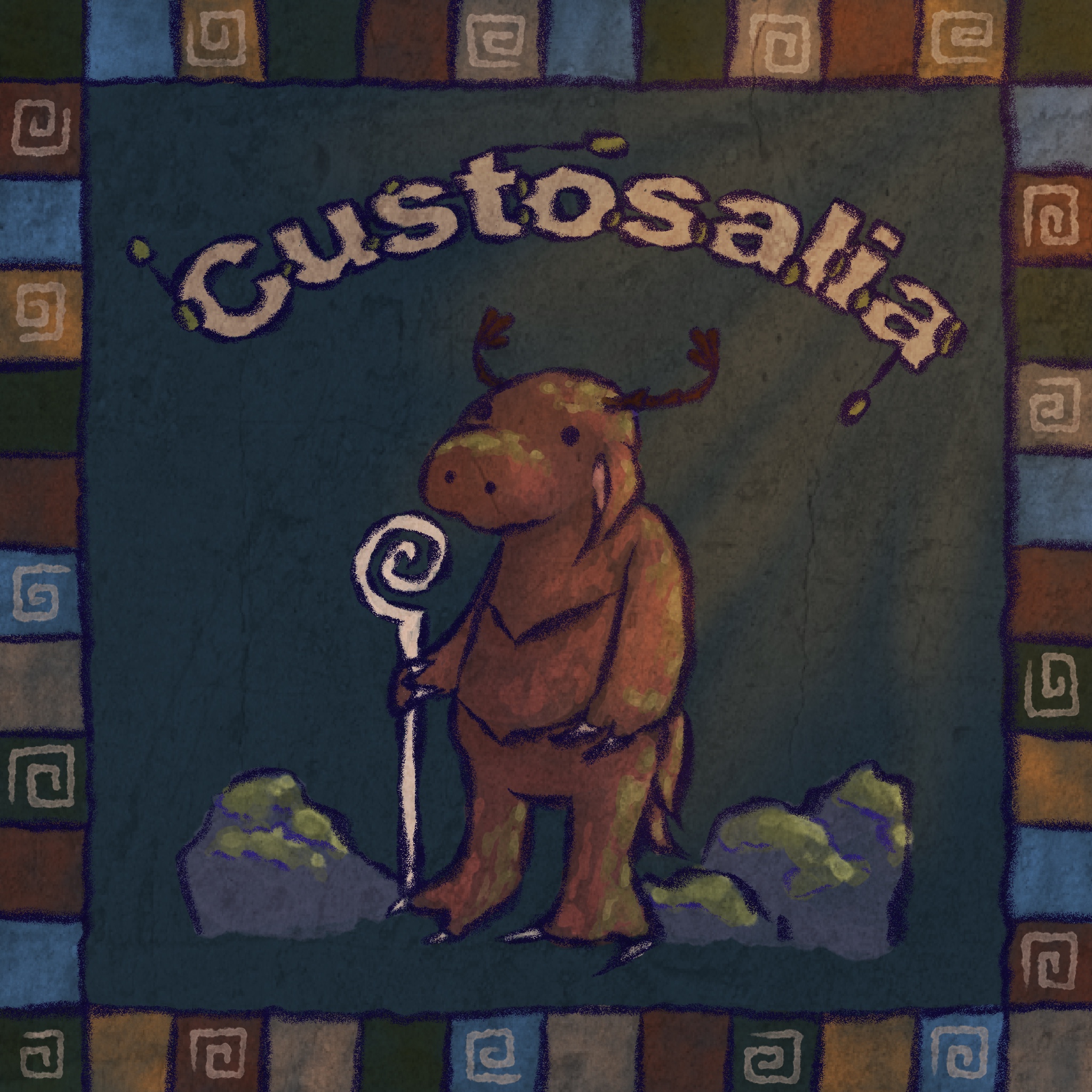 A cartoon creature with antlers and a shepherd’s staff stands on grass under the word Custosalia. The border is decorated with blue, brown, and green geometric patterns.
