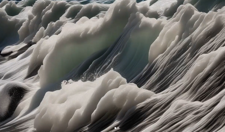 Close-up of ocean waves crashing, with white, frothy foam and dark water creating dynamic, textured patterns. The sunlight highlights the movement and details of the surf.