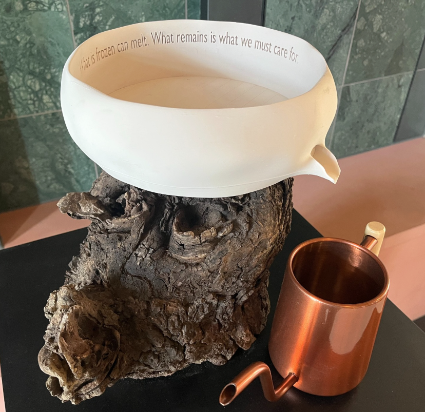 A white ceramic bowl with an inscription on its rim sits atop a textured, gnarled piece of wood next to a copper watering can with a unique curved spout and handle, all displayed against a green tiled background.