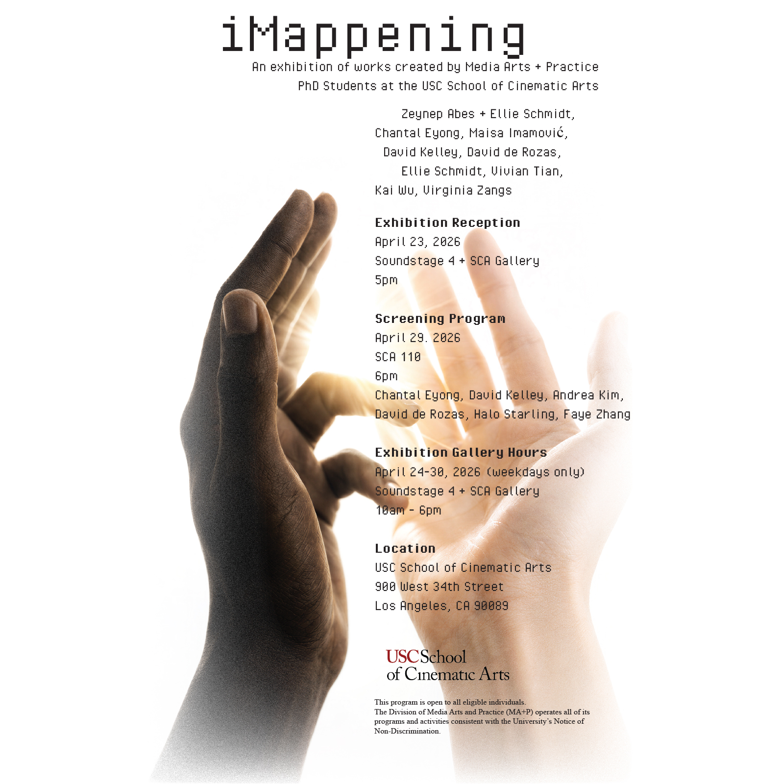 Two hands reach toward each other against a white background. Overlaid text details an exhibition called iMapppening by USC School of Cinematic Arts PhD students, listing event dates, times, location, and participants.