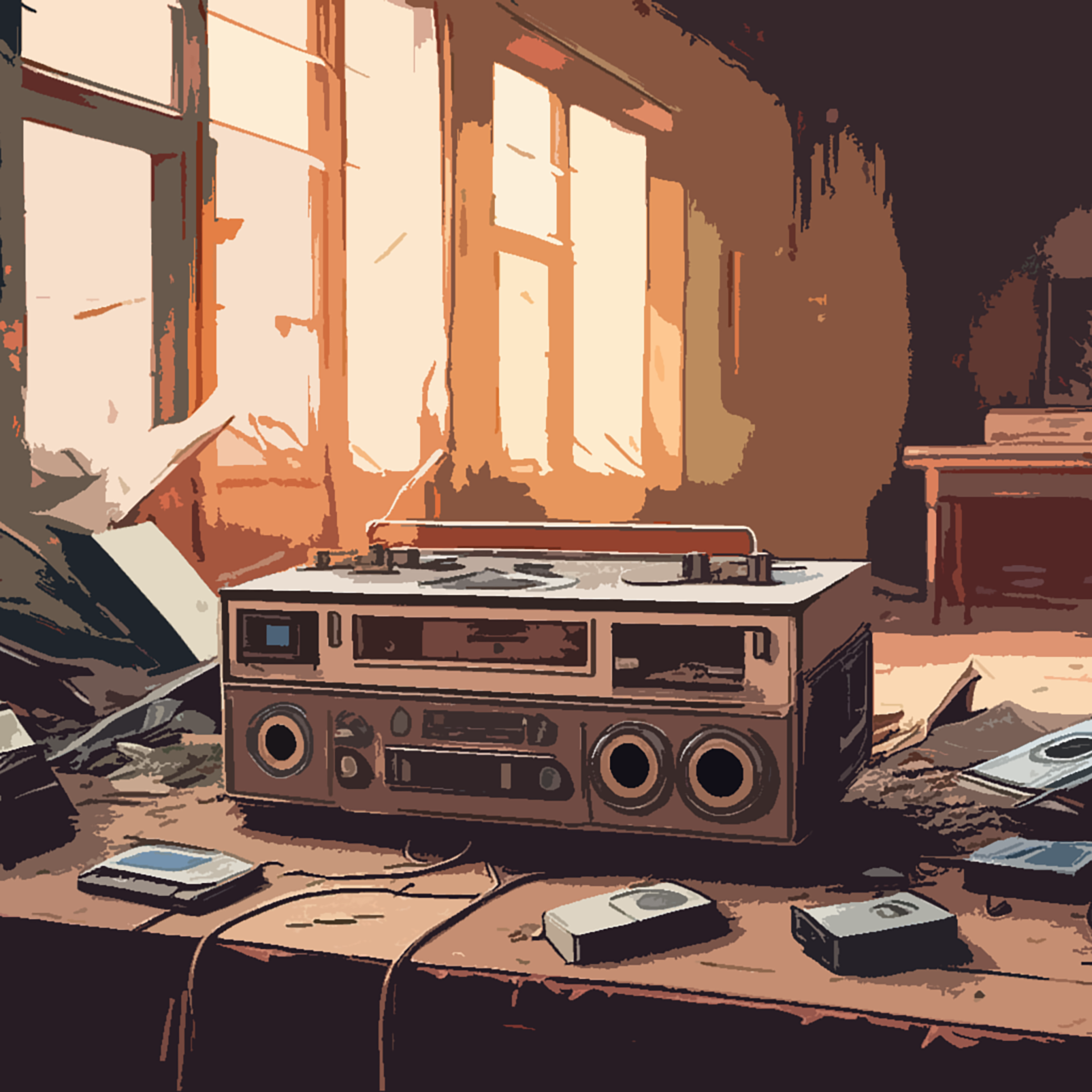 A vintage cassette player sits on a cluttered table surrounded by cassette tapes in a sunlit, dusty room with large windows and a worn, abandoned appearance.