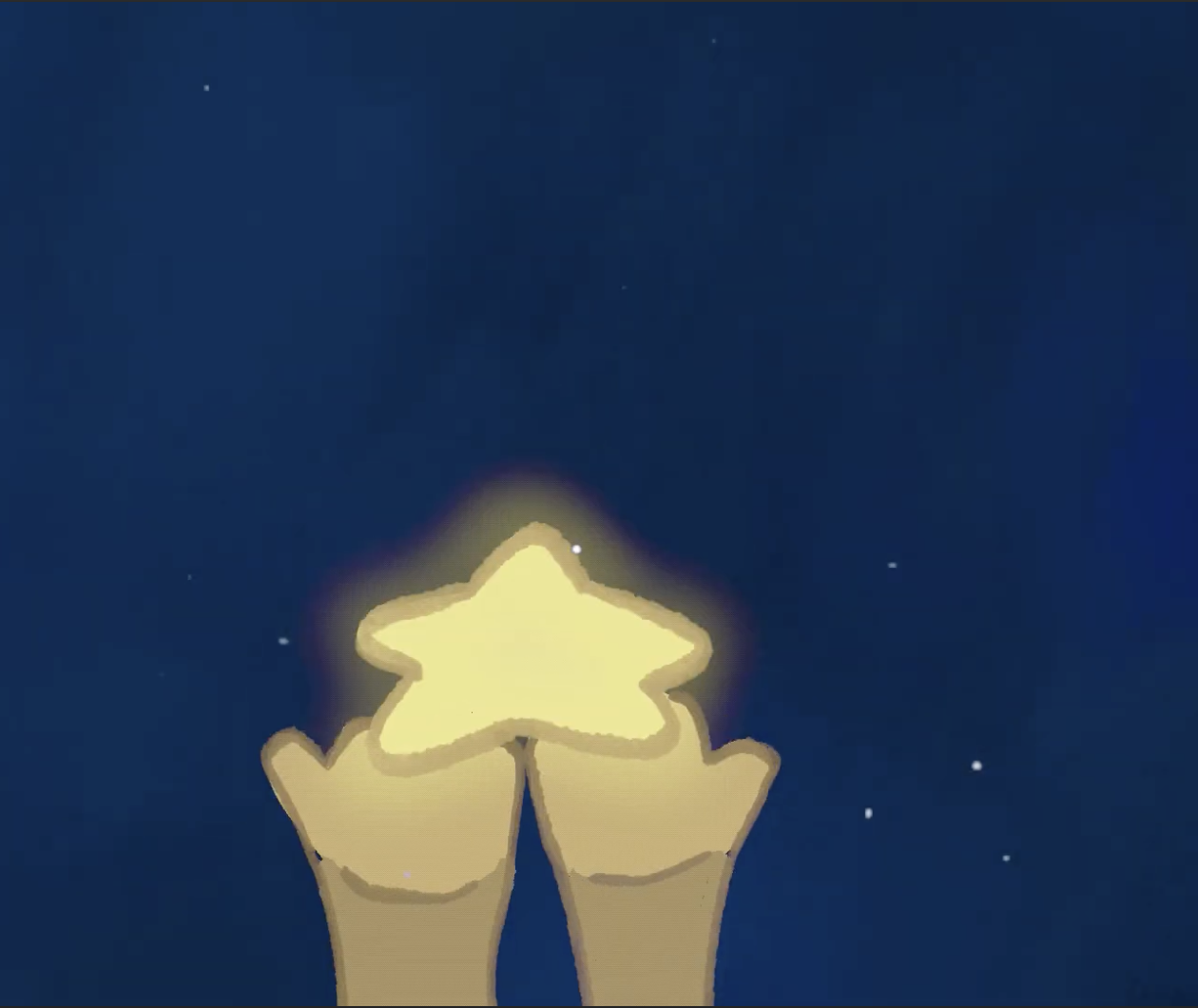 Two hands gently hold up a glowing yellow star against a deep blue night sky with scattered small white stars.