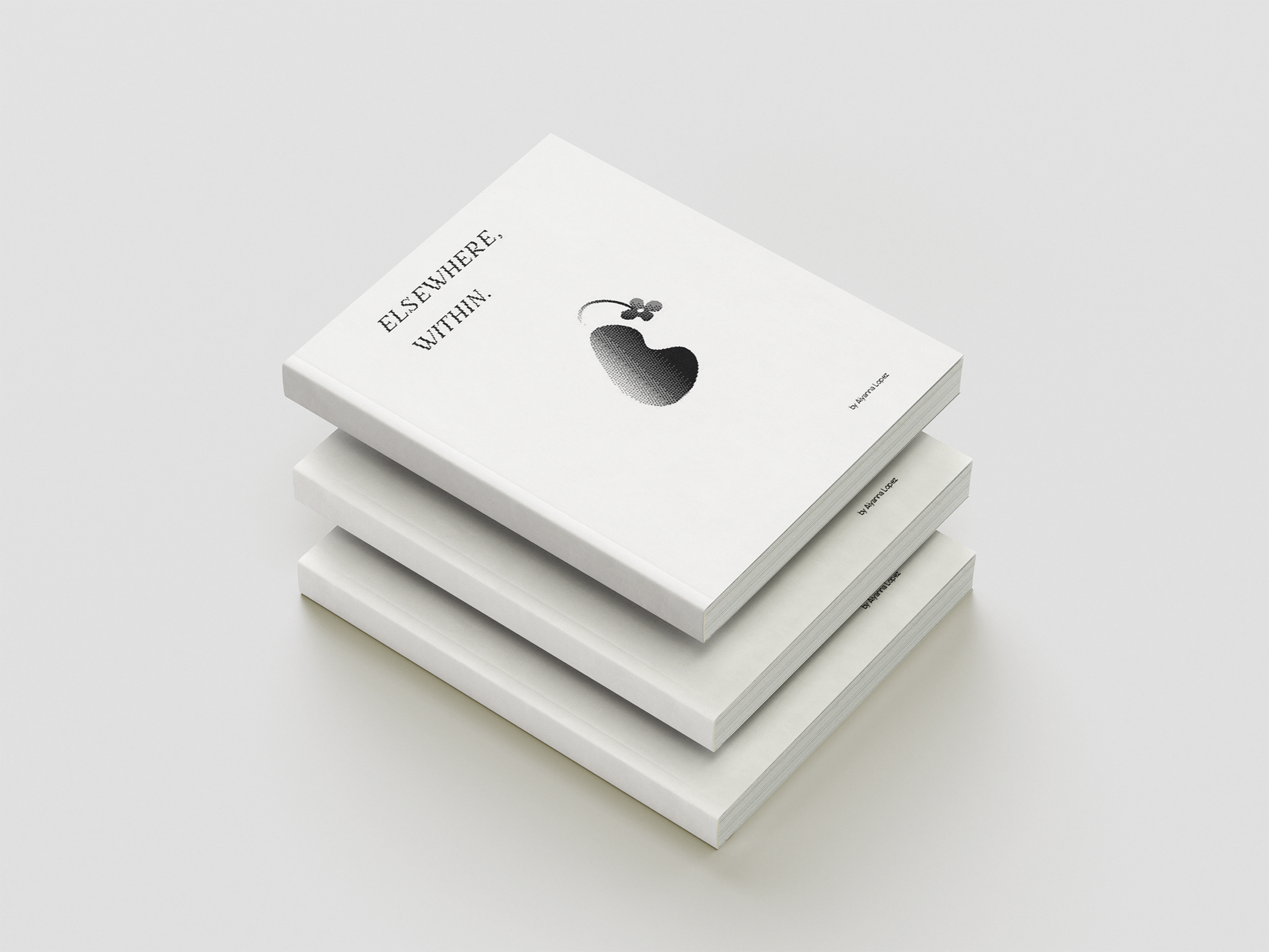 Three stacked white books titled ELSEWHERE, WITHIN. with a minimalist black seed illustration and small dots on the cover, placed on a plain, light-colored surface.