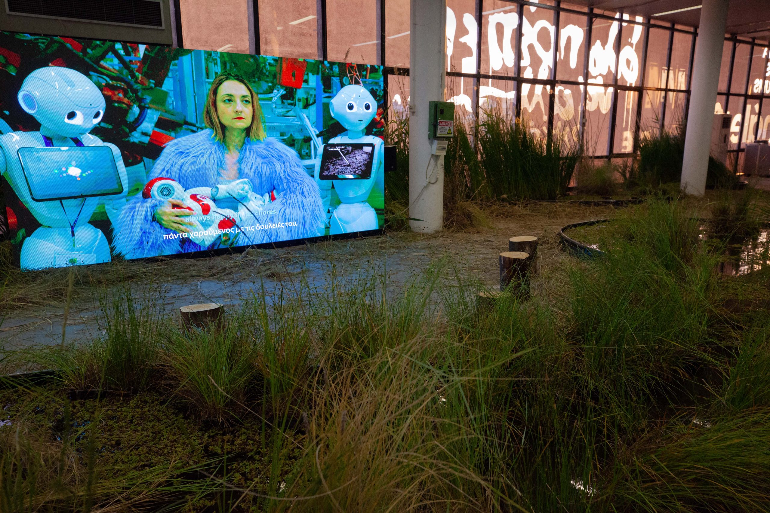 A digital display shows a woman in a blue coat with two humanoid robots, while an indoor area features tall grasses, a winding path, and water elements.