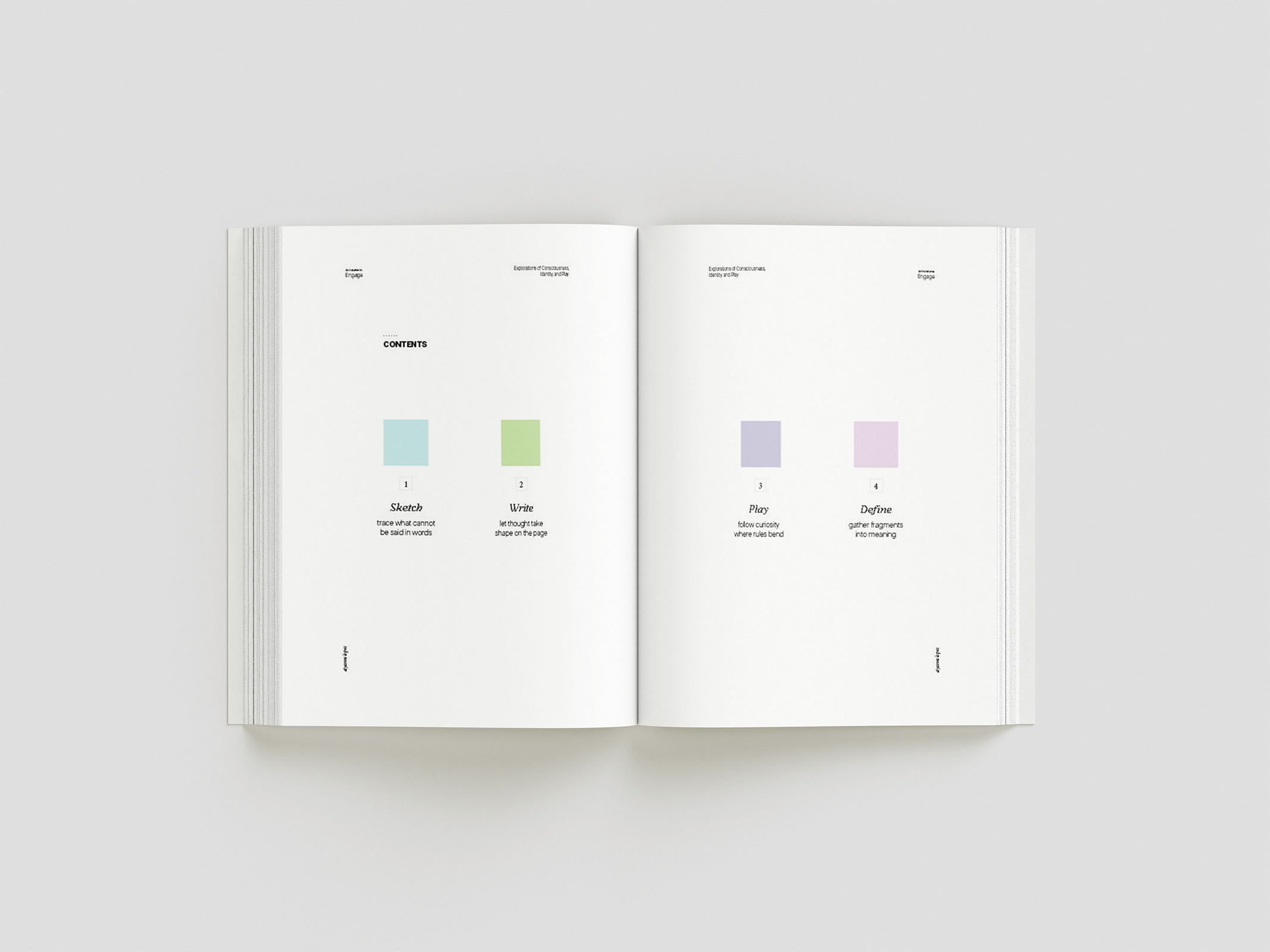 An open book displays a minimalist table of contents with four sections, each marked by a colored square: cyan, green, purple, and lavender, on a clean white background.