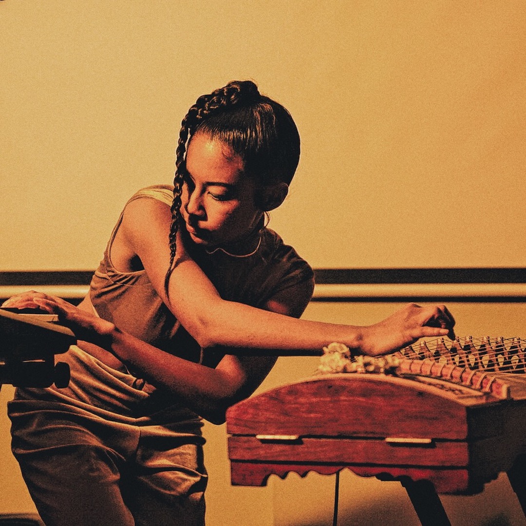 A woman with braided hair plays a traditional stringed instrument under warm lighting, her arms gracefully extended over the instrument.